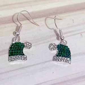 Sparkly Green and Silver Rhinestone Santa Hat Earrings
